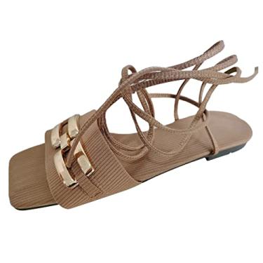 Imagem de Sandálias femininas de tecido de cor sólida decoração de metal moda feminina fivela tira no tornozelo sandálias rasteiras respiráveis sandálias abertas (marrom, 8)