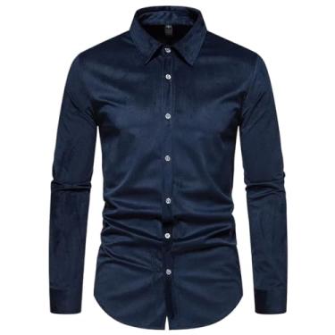 Imagem de Camisa masculina de manga longa primavera cor sólida casual veludo cotelê gola virada para baixo camisas masculinas vintage negócios, Azul marinho, M