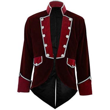 Imagem de Sxfashbrd Blazer masculino de veludo slim fit jaquetas smoking gótico steampunk vitoriano casaco casaco terno para homens, Vinho vermelho/C, M