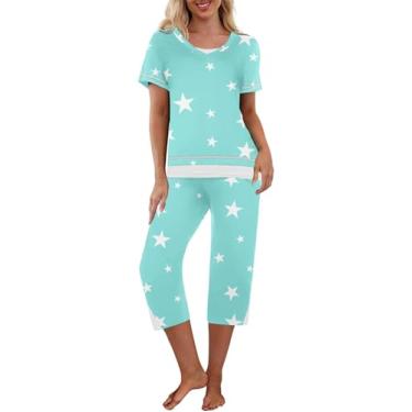 Imagem de Ekouaer Conjunto de pijama feminino de manga curta, calça capri e pijama macio, Estrela verde, G