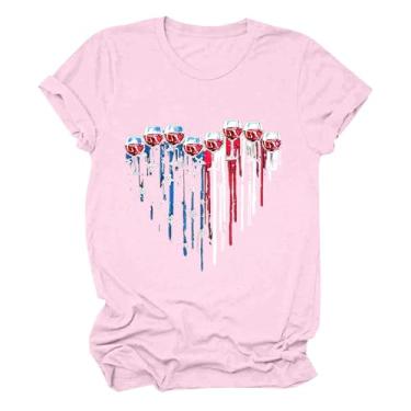 Imagem de Camiseta feminina de 4 de julho com estampa de taças de vinho, manga curta, verão, dia da independência, rosa, XXG