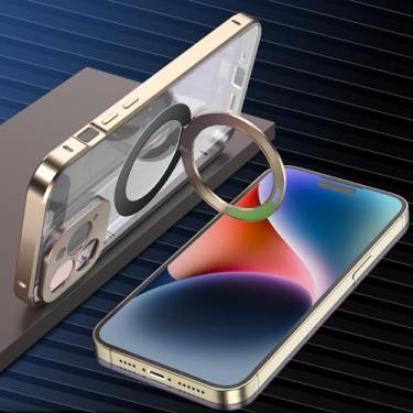 Imagem de YEXIONGYAN Capa de telefone de liga de alumínio completa para iPhone 15 Pro Max/15 Pro/15 Plus/15 Plus/15 capa frontal de vidro temperado antiderrapante PC traseira magnética suporte de carregamento