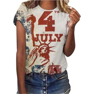 Imagem de Camiseta feminina patriótica dos EUA, 4 de julho, manga curta, Dia da Independência, gola redonda, casual, Memorial Day, bandeira americana, Branco, GG