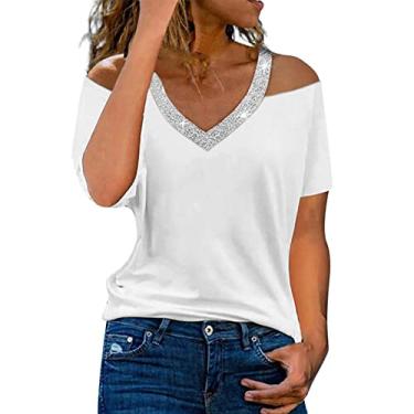 Imagem de Camiseta feminina elegante de verão gola V ombro de fora cor sólida manga curta casual moderna blusa top, Branco, XXG