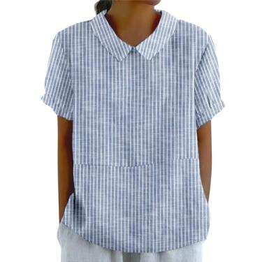 Imagem de Camisetas femininas com gola de linho para verão, casual, retrô, listradas, estampadas 2024, blusas estilosas para sair, túnicas, Azul, GG