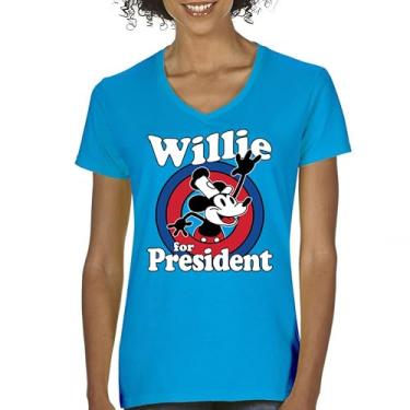 Imagem de Camiseta feminina Steamboat Willie for President gola V engraçada clássica desenho animado político humor republicano democrata 2024, Turquesa, P