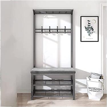 Imagem de Banco de entrada com cabideiro, banco de armazenamento de árvore 3 em 1, cabideiro, banco de sapatos com ganchos, sapateira, almofada de veludo, fácil de montar