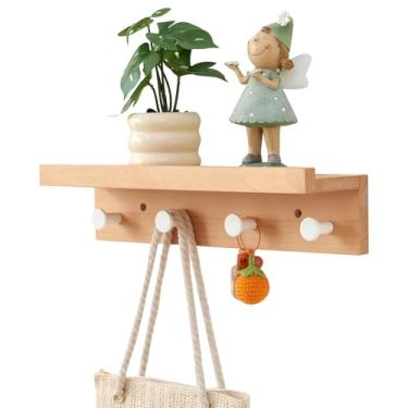 Imagem de Cabide com prateleira montada na parede, ganchos de parede de madeira de carvalho com armazenamento, prateleira de entrada com 4 cabides para banheiro, sala de estar, quarto (natural, 48 cm)