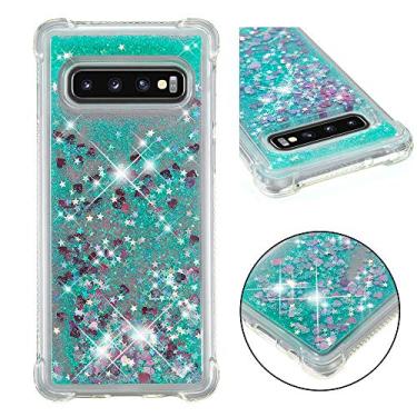 Imagem de LEMAXELERS Compatível com Galaxy S10, capa transparente líquida com glitter flutuante areia movediça à prova de choque capa protetora de silicone macio TPU para Samsung Galaxy S10. YBL Love Green