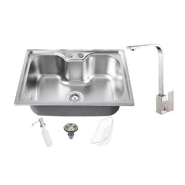 Imagem de Kit Cuba de Cozinha Gourmet Completa Com Acessórios 60x42 e Torneira Monocomando Misturador Slim em L Luxo Prata Aço Inox Brinovar