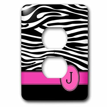 Imagem de 3dRose lsp_154281_6 Letra J Monogrammed Preto e Branco Listras de zebra Impressão Animal com Rosa Quente Personalizado Inicial 2 Tomadas Capa