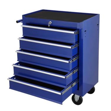 Imagem de Caixa de ferramentas rolante com 5 gavetas, caixa de ferramentas de bloqueio azul com gavetas, armários de ferramentas sobre rodas para armazenamento de garagem, armazém, oficina, oficina, carrinho de