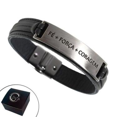 Imagem de Pulseira de Couro Magnética Fé Força Coragem Preta Grafite - GRANADO A