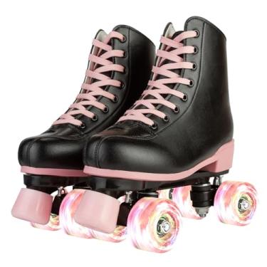 Imagem de XUDREZ Patins para meninas e mulheres, elegantes patins de couro PU preto com rodas de luz rosa, patins internos e externos para jovens, crianças, meninas de 8 a 12 anos (36-US mulheres 5, jovens 4)