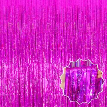 Imagem de Pacote com 3 cortinas de franja de folha fúcsia, pano de fundo, cortinas metálicas de estanho para cabine de fotos, aniversário, formatura, despedida de solteira, decoração de festa de evento de