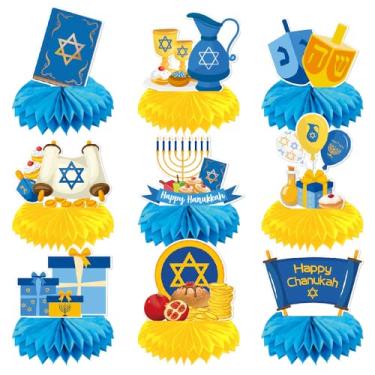 Imagem de LOONELO Happy Hanukkah Honeycomb Centerpieces 9 Pcs Menorah Dreidel Chanukah Decorações de Mesa Toppers de Mesa, Festival de Luzes 3D Decorações de Festa para Celebração de Festas Judaicas Artigos de