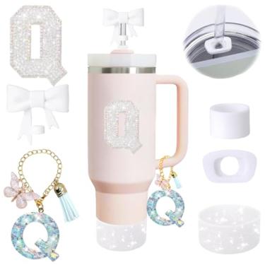 Imagem de Conjunto de 6 peças de acessórios de copo Stanley branco adequado para Stanley Cup 850 g 1,134 g, incluindo pingente de alça, adesivo inicial personalizado, topo de palha, bota de silicone brilhante,