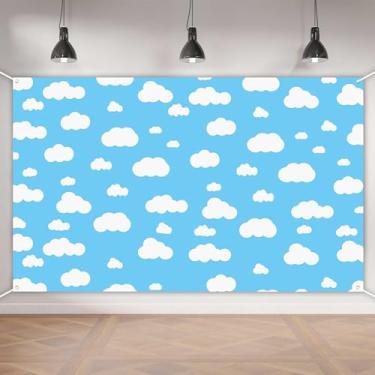 Imagem de Aperturee Banner céu azul nuvem branca 70,8 x 43,3 polegadas desenho animado história paisagem paisagem paisagem bonito design de nuvem para chás de bebê, decoração de berçário e festas de aniversário
