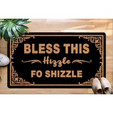 Imagem de Bless This Hizzle Fo Shizzle Capacho engraçado de coco com suporte de borracha, tapete de entrada antiderrapante, tapete de boas-vindas para varanda frontal, fácil de limpar 76 x 43 cm, tapetes pretos