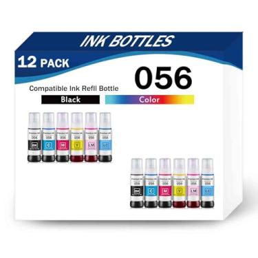 Imagem de Conjunto de 12 frascos de tinta 056 (70 ml) para substituir Epson 056 refil de tinta compatível com impressoras Epson L8058 série L18058 para banco escola hospitalar familiar, impressão clara, 12