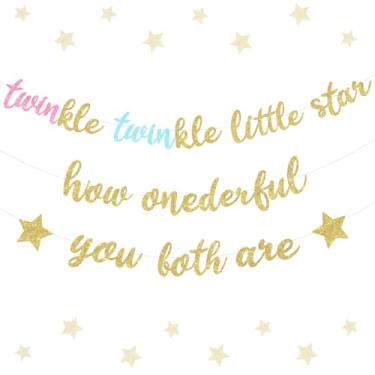 Imagem de Funmemoir Decorações de aniversário de gêmeos para meninos e meninas - Twinkle Twinkle Little Star How Onderful You Both Are Banner, faixa de primeiro aniversário de gêmeos com glitter para decorações
