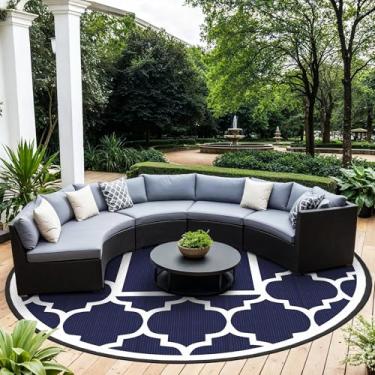 Imagem de Tapete externo GENIMO 3 m, redondo, impermeável, para pátio, interior, exterior, palha de plástico, tapete reversível para acampamento, varanda, deck, piquenique, praia, azul e branco
