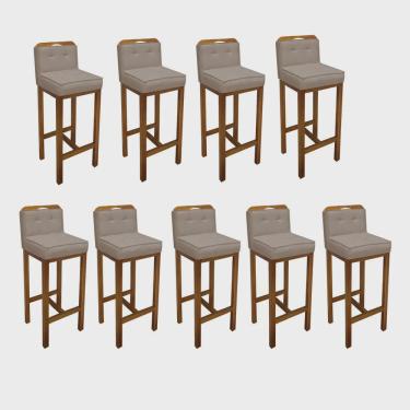 Imagem de Kit 09 Banqueta Alta Com Encosto Agnes Cozinha Balcão Bistrô Base Madeira Castanho Suede Bege - Ahz Móveis
