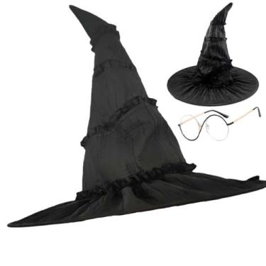 Imagem de BILIBOOM Elphaba chapéu cosplay fantasia Elphaba óculos Elphaba chapéu de bruxa acessórios preto, Preto, M