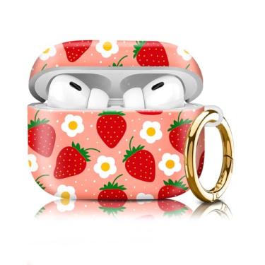 Imagem de Compatível com AirPod Pro 2ª/1ª geração, capa rígida leve e durável resistente com chaveiro, capa para AirPod com design elegante para mulheres (fruta de morango)