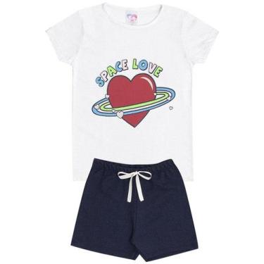 Imagem de Conjunto de Verão Infantil Feminino Blusa Branca e Shorts Preto Space 