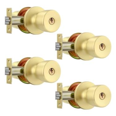 Imagem de Leydebong Pacote com 4 maçanetas douradas com chaves de aço inoxidável com chave, fundo ajustável de 60 a 70 mm para portas espessas de 35 a 45 mm, porta da frente/quarto/banheiro/escritório