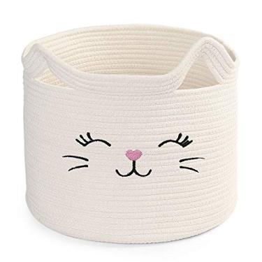 Imagem de LotFancy Organizador de brinquedos para gatos, cesta de animais de corda de algodão com alça, caixa de armazenamento de brinquedos de gato para animais de estimação, suporte de recipientes de tecido