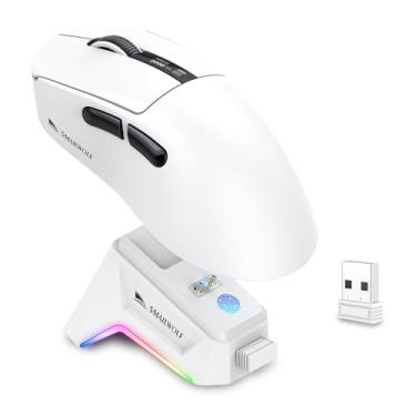Imagem de Mouse para jogos sem fio com base de carregamento RGB, mouses de computador ergonômicos leves de 57 g, sensor óptico DPI 12K, polling de 1 KHz, 5 botões programáveis, BT5.1/2.4G/USB-C para PC e Mac