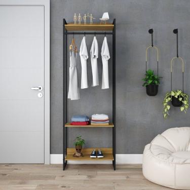 Imagem de Estante Closet Arara Industrial 3 Prateleiras 187x60cm Dynamica Yescasa Lamina Mel/preto