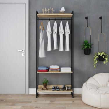 Imagem de Estante Closet Arara Industrial 3 Prateleiras 187x80cm Dynamica Yescasa Carvalho/preto