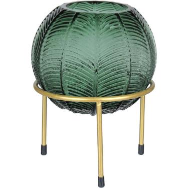 Imagem de Vaso Decorativo Enfeite Casa Folhas Home&co Com Suporte Metal Vidro 21x15x15cm Verde