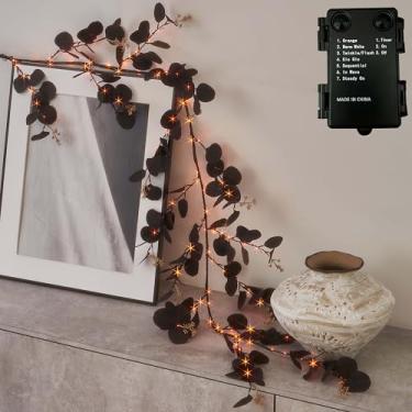 Imagem de Hairui Guirlanda De Eucalipto Preto Iluminada Com Temporizador, 48 Luzes Led Laranja E Branco Quente, Halloween 1,8 M, Operadas Por Bateria, 10 Funções Para Decoração Lareira