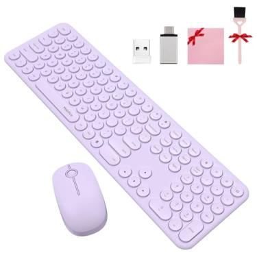 Imagem de Mobifice Lindo combo de teclado e mouse sem fio para computador, laptop, Windows, Mac, tablets, fino, 2,4 GHz, USB, sem fio, tamanho completo, silencioso, retrô, conjunto de mouse e teclado (violeta)