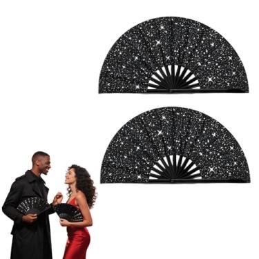 Imagem de YTJ 2 pacotes de leques de mão dobráveis grandes com glitter, ventiladores de palmas para dança de linha, ventilador portátil para EDM Music Disco Rave Festival, suprimentos de festa (preto brilhante