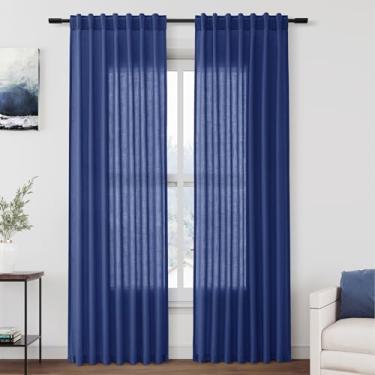 Imagem de Cortinas de linho azul clássicas de 203 cm de comprimento, conjunto de 2 painéis para sala de estar, bolso traseiro, aba traseira, filtro de luz, cortinas de janela para quarto, sala de jantar