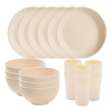 Imagem de Conjunto de louça de palha de trigo, 18 peças, serviço para 6 SANLUNS conjunto de louça reutilizável inquebrável, copos de cozinha, pratos e tigelas redondos, conjunto de louça de micro-ondas para