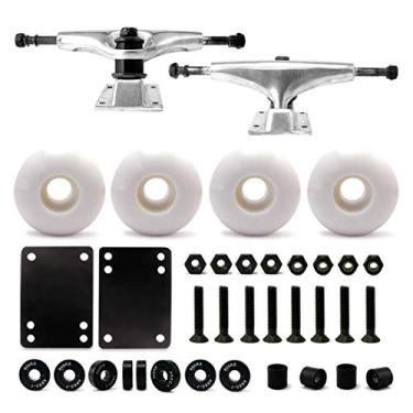 Imagem de VJ 5,25 Caminhões de skate de 139 mm (prata), rodas de skate de 54 mm, rolamentos de skate, almofadas de skate, ferragens de skate de 1,2 polegadas (54 mm branco)
