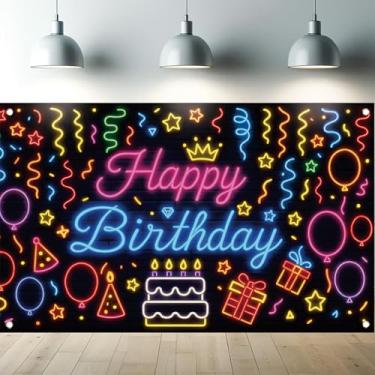 Imagem de Starlit Patio Pano de fundo neon feliz aniversário 188 x 109 cm faixa colorida brilhante com balões bolo, estrelas, presentes e luzes de festa para crianças, meninos, meninas, decoração de aniversário