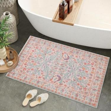 Imagem de Urtlmaji Tapete de banheiro rosa engraçado lavável tapete de banheiro antiderrapante, boho macio felpudo envelhecido fofo pássaro floral tapete de banho para banheiro pia de chuveiro, 51 x 81 cm