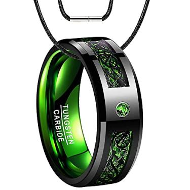 Imagem de QUEENWISH Aliança de casamento de tungstênio celta de dois tons de 8 mm com cordão de colar de couro, pedra preciosa de zircão criada e incrustação de fibra de carbono azul masculina e feminina