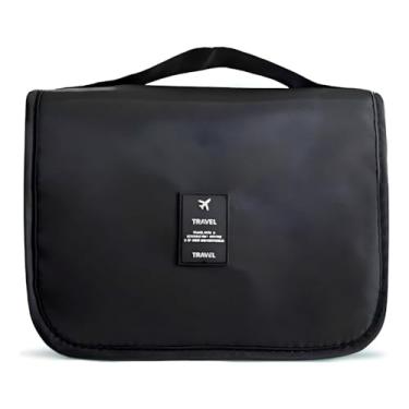 Imagem de Nécessaire Organizadora de Viagem com Gancho – Bolsa Dobrável Impermeável com Divisórias para Higiene Pessoal, Maquiagem, Cosméticos – Unissex Compacta (PRETA)