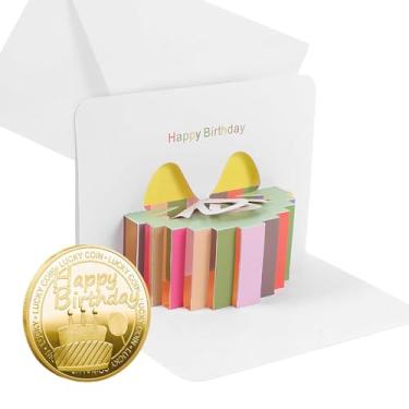 Imagem de OULIGET Cartão de felicitações pop-up 3D de feliz aniversário com envelopes, moeda banhada a ouro da sorte, presente de feliz aniversário, lembrança, medalha, felicidade, bolo, surpresa, desenhado,