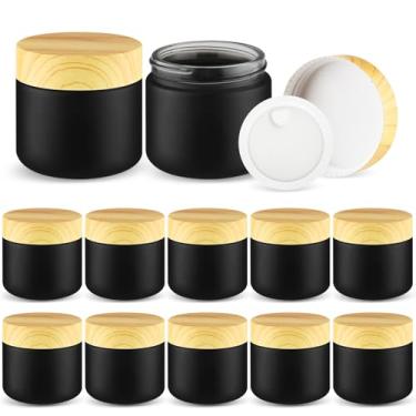 Imagem de DMuuuDM 12 frascos de vidro fosco de 60 ml, recipiente vazio recarregável de vidro cosmético, suporte com forro interno, tampa de plástico para hidratante, base, óleo de manteiga corporal, pomada