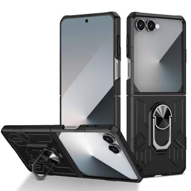 Imagem de HAOMRIYL Capa para Samsung Galaxy Z Flip 7, com suporte de anel giratório de 360°, capa fina de proteção contra quedas suporta sucção magnética de veículos, preta, flip 7
