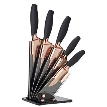 Imagem de Conjunto e bloco de facas de cozinha de 5 peças - Brooklyn by Taylors Eye Witness. Reforços coloridos em ouro rosa, lâminas combinando, lâminas afiadas revestidas de titânio. Alças macias. Suporte